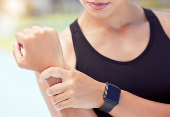 Woman wrist injury, hand pain and training accident from outdoor running, fitness and exercise....