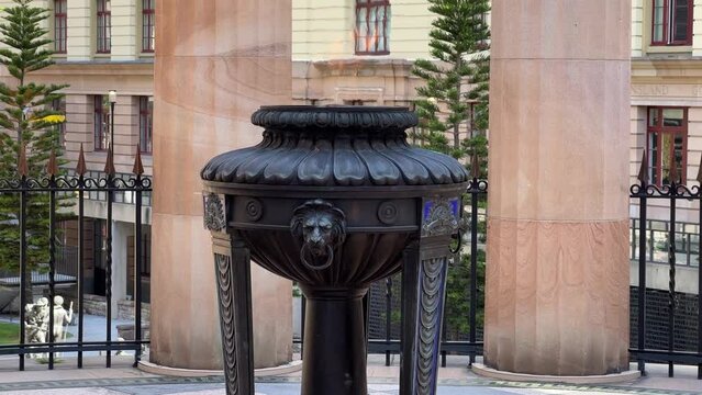 Close Up Static Shot Of Shrine Of Remembrance And Eternal Flame Burning At Its Heart, Anzac Square War Memorial Parklands At Brisbane City, Central Business District, Queensland, Australia.