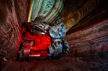 Illuminated mining drilling machine in salt quarry tunnel