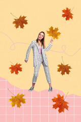 Vertical creative collage image of positive trendy young woman suit walking park collect hold maple orange leaf enjoy autumn relax weekend