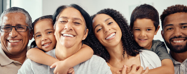 Obraz premium Big family, smile and happy portrait with children, men and women in house or home. Comic face of retirement elderly seniors, support mother or father with kids in trust, love or security bonding hug