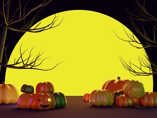 Naklejka na ściany i meble 3D Illustration of some pumpkins and moon in scary forest in halloween style