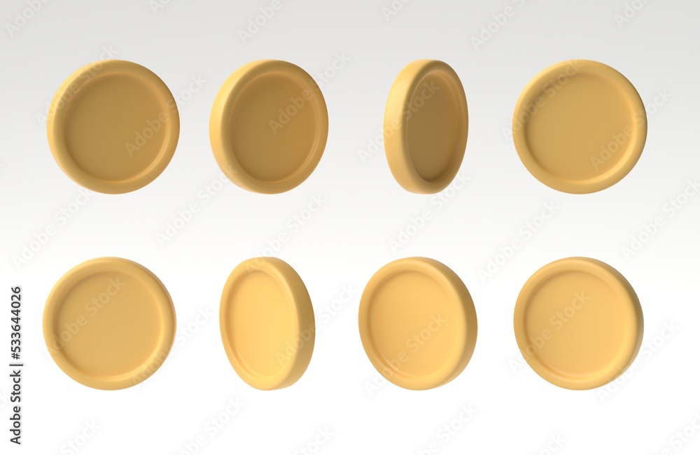 Poster set of golden coin in different angles isolated on white background. 3d rendering, 3d illustration.