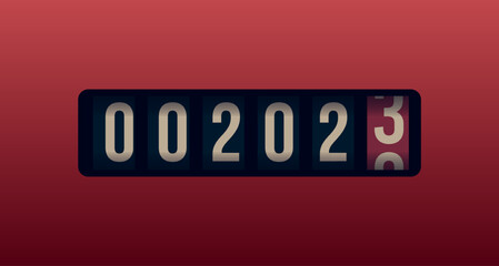 Countdown 2023 numbers in stopwatch, counter style. Happy New Year event poster, greeting card cover, 2023 calendar design, invitation to celebrate New Year and Christmas. Vector illustration