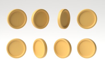 Fototapeta na wymiar Set of golden coin in different angles isolated on white background. 3D rendering, 3D illustration.