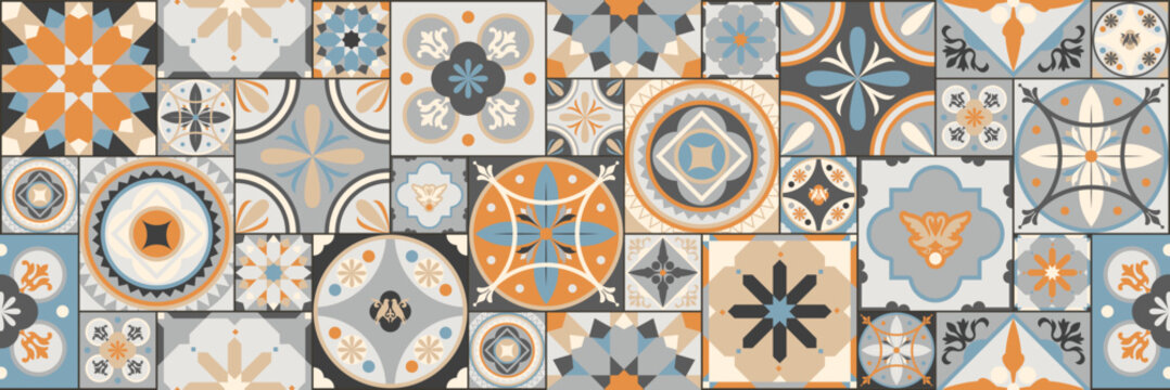Talavera pattern. Indian patchwork. Azulejos Portugal. Turkish ornament. Moroccan tile mosaic. Ceramic tableware, folk print. Spanish pottery. Ethnic background. Mediterranean seamless wallpaper.