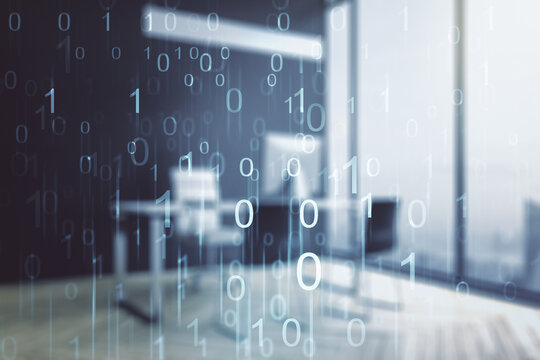 Creative concept of binary code illustration and modern desktop with computer on background. Big data and coding concept. Multiexposure