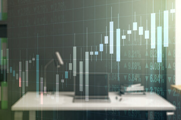 Multi exposure of abstract creative financial chart and modern desktop with laptop on background, research and analytics concept