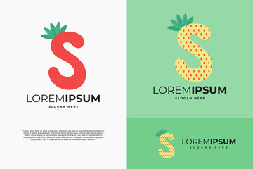 Fototapeta premium Letter S in strawberry style with green leaves