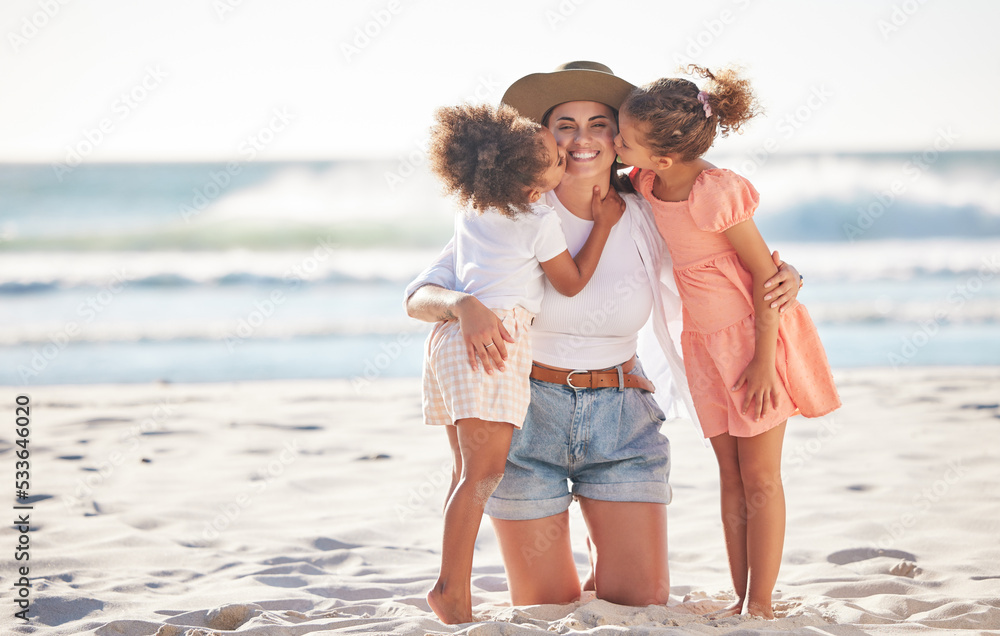 Canvas Prints Mom, kiss or children bonding on beach in Portugal in trust, security or love hug. Smile, happy or support parent with girls, kids or family on relax holiday, mothers day or summer break by ocean sea