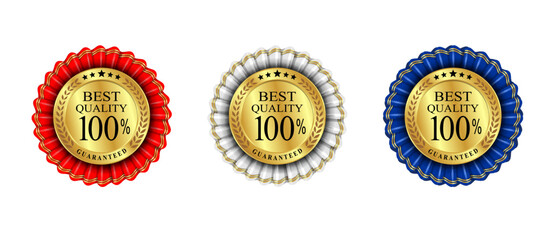 100 Percent Best Quality Badge With Ribbon set On White Background