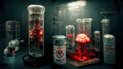 3 D render. Horrible genetic laboratory of monsters, mutants. Horror background.  - obrazy, fototapety, plakaty