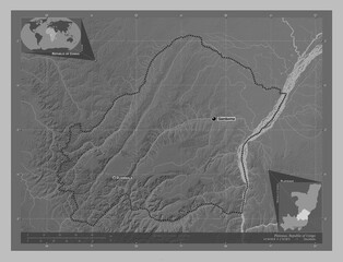 Plateaux, Republic of Congo. Grayscale. Labelled points of cities