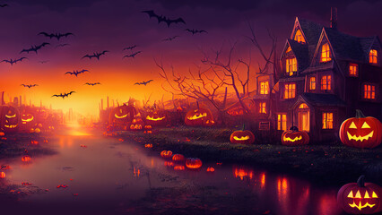 Fototapeta na wymiar Halloween Carved Pumpkin. Jack O Lantern smile face on the background of gothic buildings