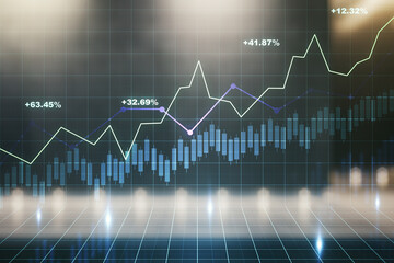 Naklejka premium Abstract virtual financial graph hologram on blurry contemporary office building background, financial and trading concept. Multiexposure