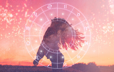 astrology and zodiac signs, cosmic background with a girl - obrazy, fototapety, plakaty