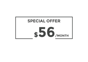 $56 USD Dollar Month sale promotion Banner. Special offer, 56 dollar month price tag, shop now button. Business or shopping promotion marketing concept
