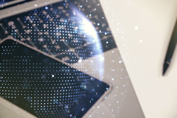 Double exposure of abstract digital world map on computer background, big data and blockchain concept