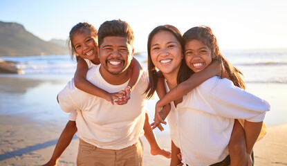 Family, beach vacation and smile of kids and parents having fun during piggyback ride game on...
