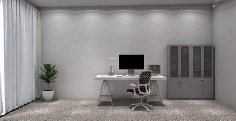3d rendering of computer working area with document cabinet. Metaverse is a new upcoming trend for working out of the office.
