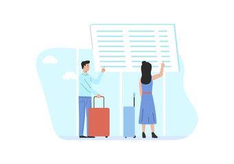 Modern International Airport Terminal Concept. Passengers With Luggage in Departures Waiting Room Wait Their Departure Looking On Information Panel. Cartoon Flat Outline Linear Vector Illustration