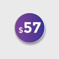 57 dollar price tag. Price $57 USD dollar only Sticker sale promotion Design. shop now button for Business or shopping promotion
