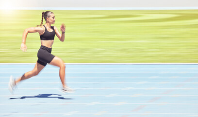 Runner woman and marathon training on stadium track for athlete competition exercise commitment....