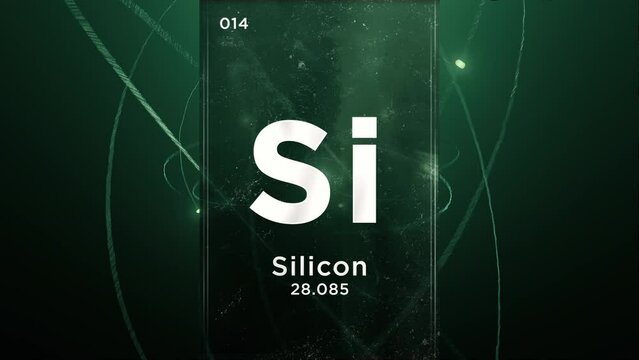 Silicon (Si) symbol chemical element of the periodic table, 3D animation on atom design background