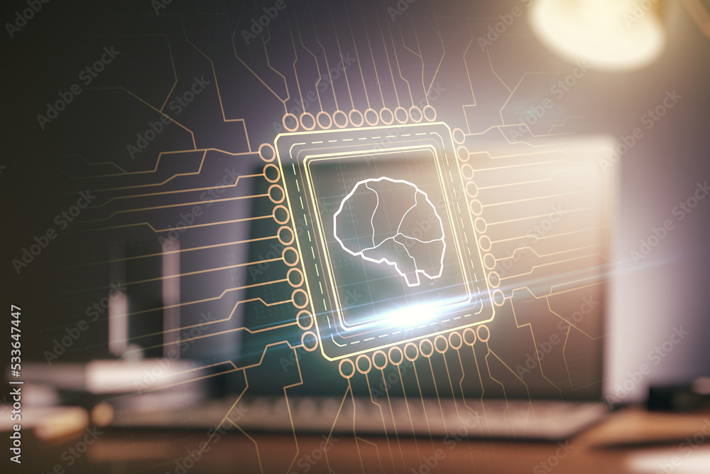 Aufkleber creative artificial intelligence concept with human brain sketch on modern computer background. doub