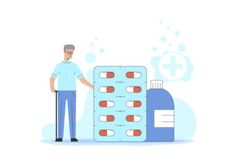 Pharmacy, Medicine And Healthcare Concept. Man Pharmacist Standing At Desk In Pharmacy. Young Smiling Doctor Selects Necessary Pills And Medicine for Customer. Outline Linear Flat Vector Illustration