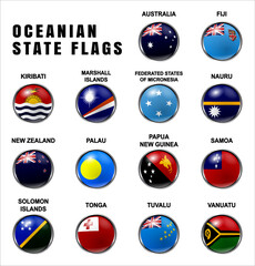 Flags of Oceanian Sovereign States. Flags Set 3D Rounded