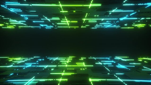 An endless tunnel of futuristic technology and glowing neon lights on a seamless loop