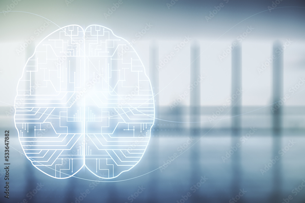 Aufkleber virtual creative artificial intelligence hologram with human brain sketch on empty corporate office 