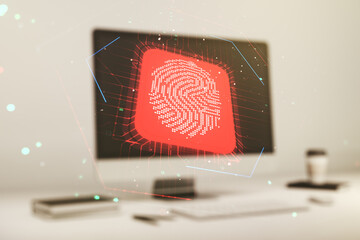 Multi exposure of creative fingerprint hologram on laptop background, personal biometric data concept