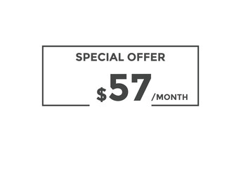 $57 USD Dollar Month sale promotion Banner. Special offer, 57 dollar month price tag, shop now button. Business or shopping promotion marketing concept
