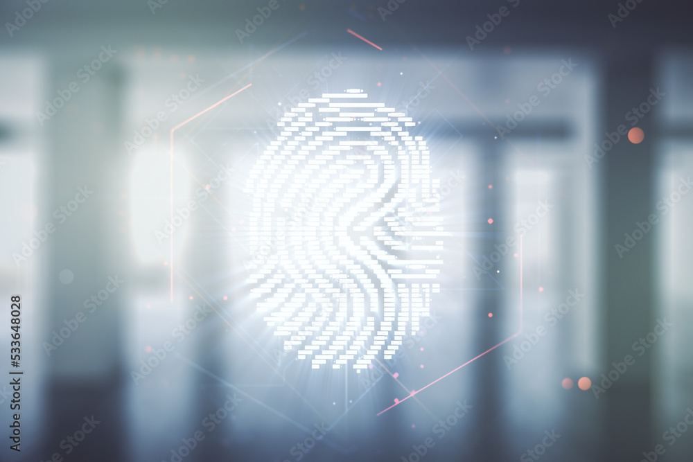 Aufkleber double exposure of virtual creative fingerprint hologram on empty modern office background, research