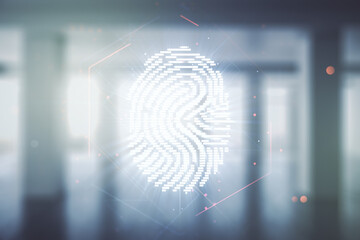 Double exposure of virtual creative fingerprint hologram on empty modern office background, research and development concept
