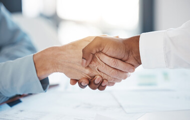 Business, deal and partnership handshake with diversity people shaking hands in new start b2b office negotiation. Hiring, closeup and hands of man and woman partner celebrate successful collaboration