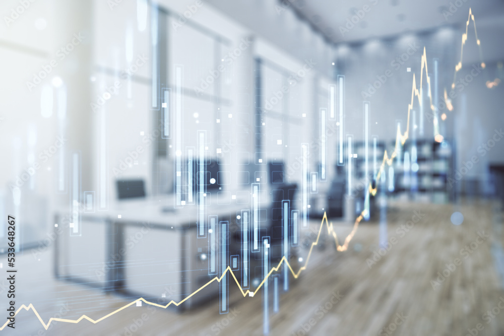 Poster multi exposure of virtual abstract financial graph interface on a modern furnished classroom backgro