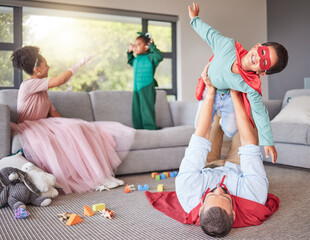 Family, parents and play costume with children for fun bonding and entertainment in home together....