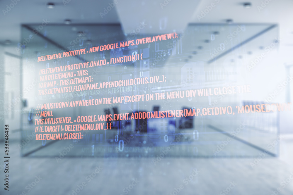 Aufkleber Double exposure of abstract programming language interface on modern corporate office background, research and development concept