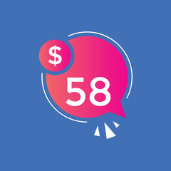 58 dollar price tag. 58$ dollar USD price symbol. price 58 Dollar sale banner in USD. Business or shopping promotion marketing concept
