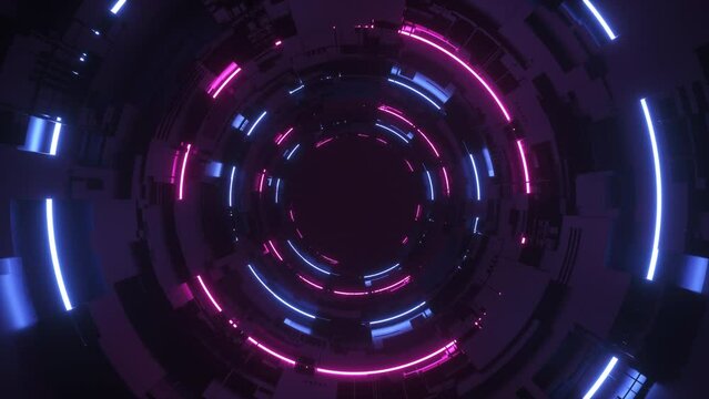 An endless tunnel of futuristic technology and glowing neon lights on a seamless loop