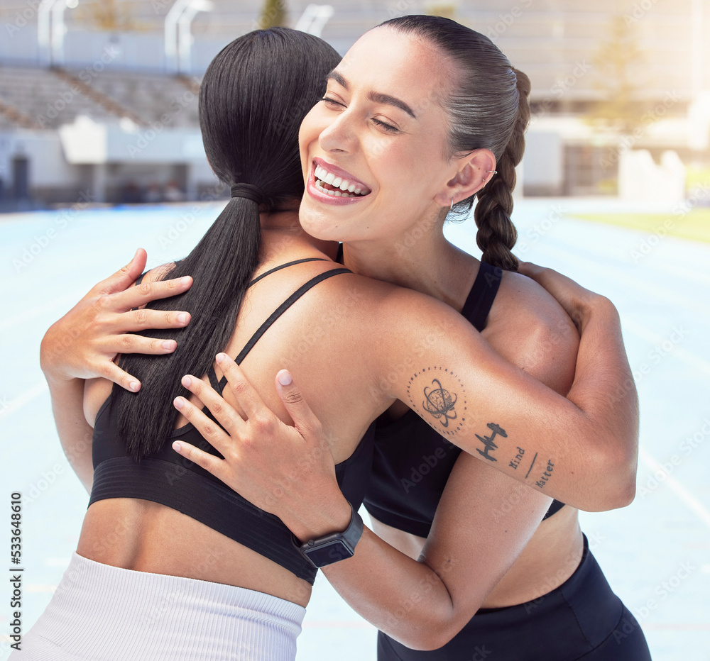 Poster Friends hug and smile for congratulations, running or exercising outdoors on racetrack. Woman, support and winner, happy during summer workout for motivation and success, run for fitness and health