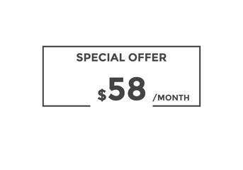 $58 USD Dollar Month sale promotion Banner. Special offer, 58 dollar month price tag, shop now button. Business or shopping promotion marketing concept
