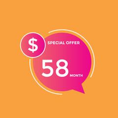 $58 USD Dollar Month sale promotion Banner. Special offer, 58 dollar month price tag, shop now button. Business or shopping promotion marketing concept
