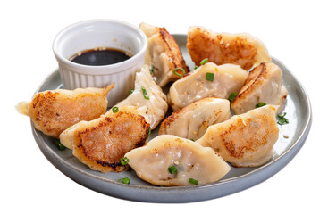 Pan-fried gyoza dumpling jiaozi in a plate isolated on white background.