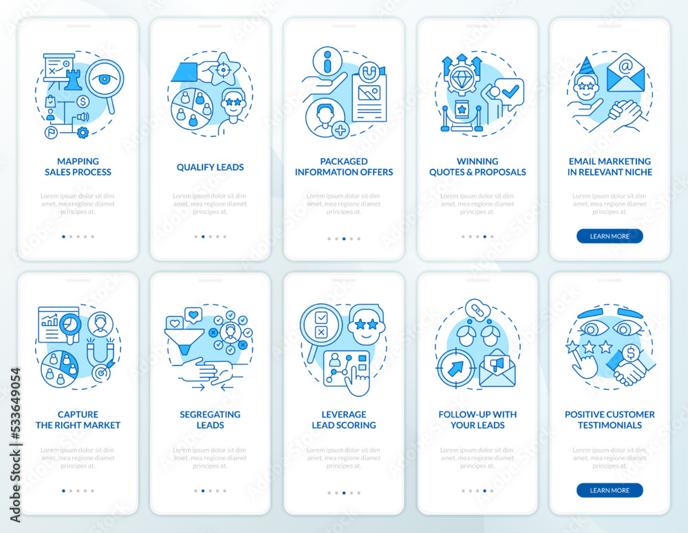 Poster lead conversion process blue onboarding mobile app screen set. walkthrough 5 steps editable graphic 
