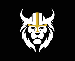 lion head logo wearing viking war helmet