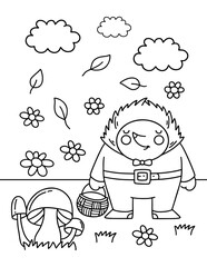 Coloring Page Outline of cartoon little hedgehog with basket and mushrooms. Coloring book for kids.